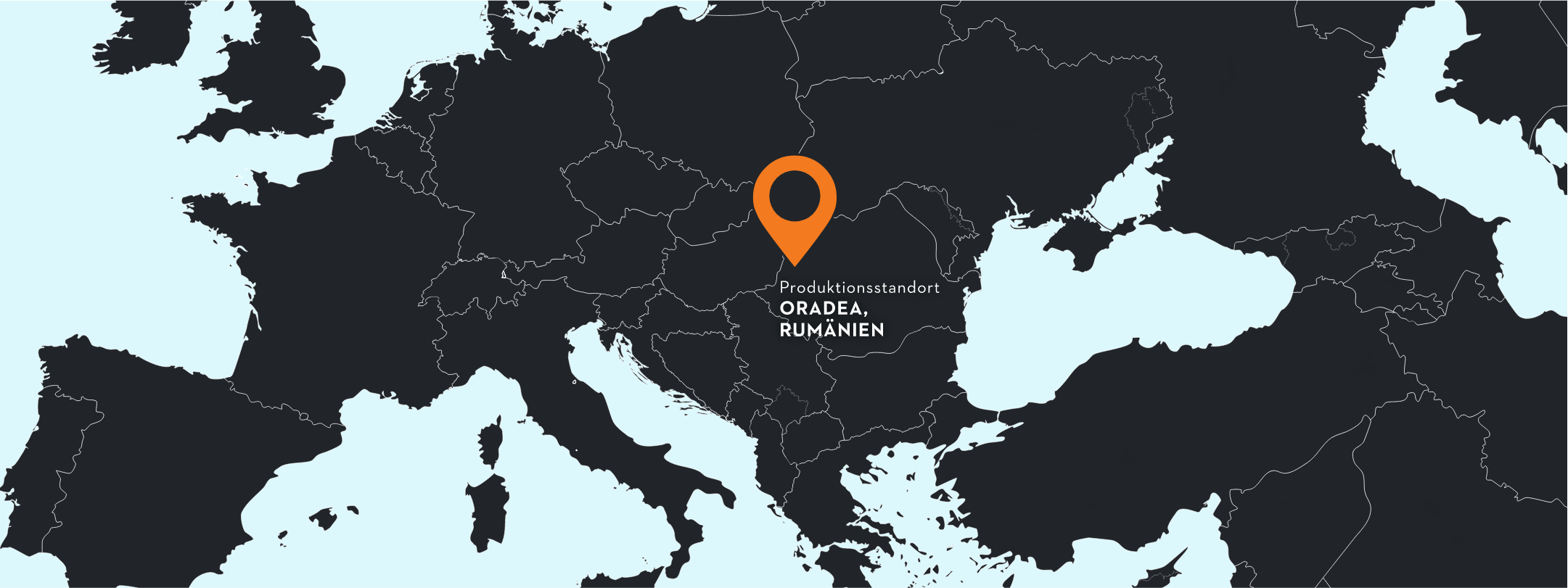 Stilisierte Europakarte mit orangefarbenem Standortmarker, der die Produktionsst&auml;tte Oradea in Rum&auml;nien hervorhebt
